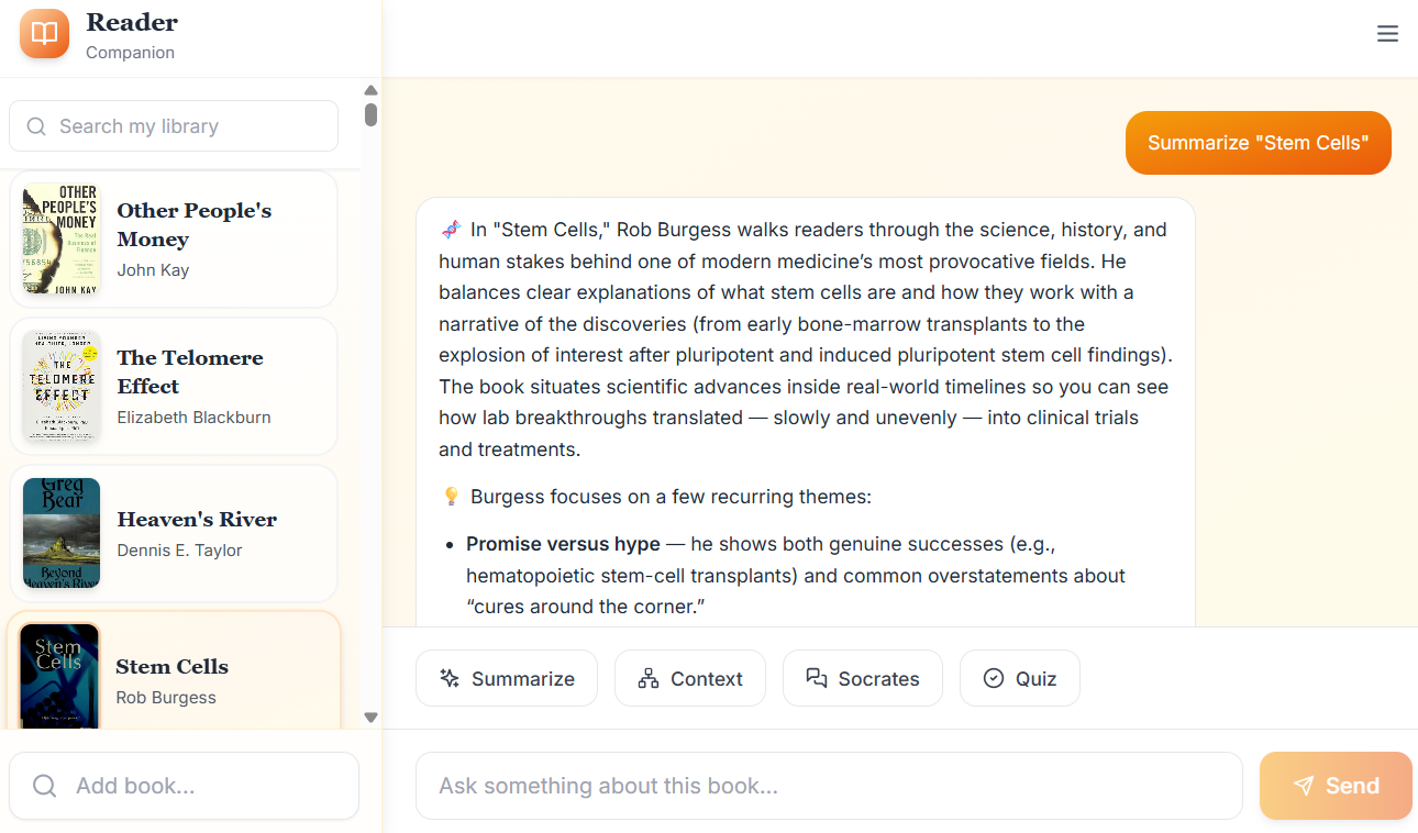 AI Chat Interface showing book discussion